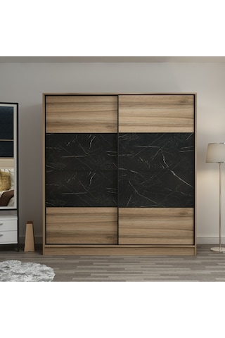 Minarmobilya Minar Kale 2 Kap. Sürgülü Dolap 180 Cm - Beyaz/Royal Mermer/Dore