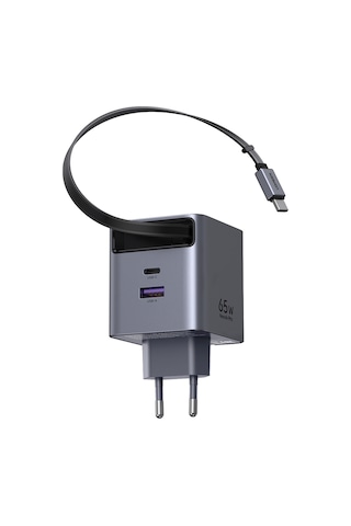 Ugreen 65w Makaralı Dahili Kablolu Gan Hızlı Şarj Cihazı, 2xusb-c, 1xusb-a, Gri, 65825
