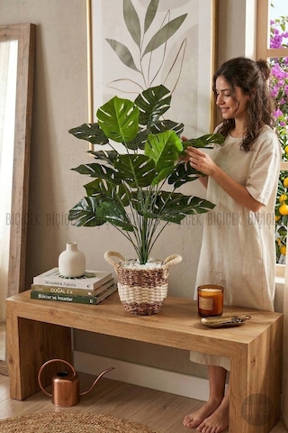 Biçiçek Yapay Monstera Deve Tabani Bi̇tki̇si̇ 60 Cm Krem Orgulu Hasir Saksıda