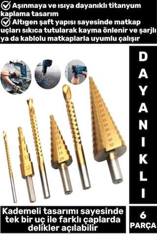 Isıya Aşınmaya Dayanıklı Ahşap Metal Plastik Kablolu Şarjlı Uyumlu 6'lı Kademeli Matkap Ucu Seti