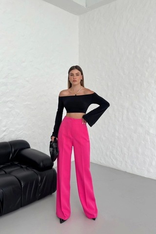Defymoda Yüksek Bel Pensli Palazzo Pantolon Fuşya