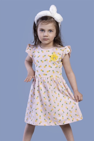 Toontoy Kız Çocuk Komple Ananas Baskılı Çiçek Aksesuarlı Elbise Pudra