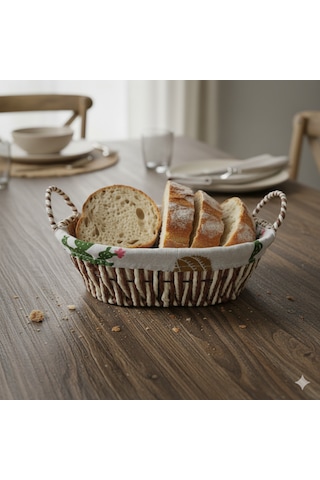 Kaktüs Desenli Kumaş Kaplamalı Hasır Kulplu Dekoratif Sepet 27x16 Cm Kahverengi - Yeşil - Bej