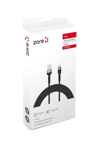 Senon Zore Shira Serisi Micro Usb Kablo 3m Siyah