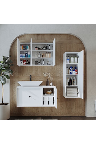 Lavabolu Mat Mdf 90 Cm Çekmeceli Dolabı + Aynalı Dolabı Beyaz Mat Beyaz