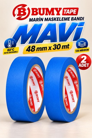 2 Adet Mavi Maskeleme Bandı 48 Mm X 30 Metre Marin Boya Bantı Isıya Dayanıklı Bant Kağıt Bantları