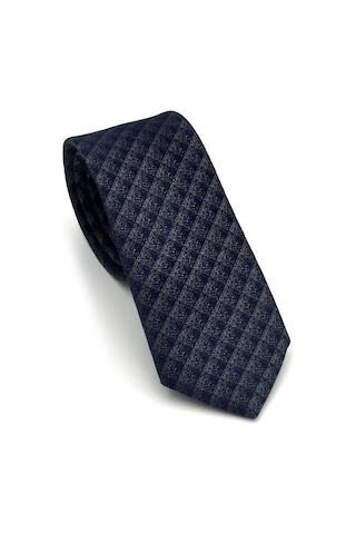 Gaffy Gri Küp Desenli Lacivert Dokuma Kumaş Mendilli Slim Fit Kravat // Sdk-2605-2 Lacivert