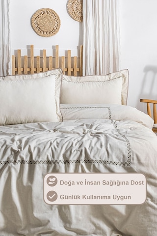 Elart Sahra Nevresim Takımı Çift Kişilik Lastikli Çarşaf %100 Pamuk Nakışlı 200x220 Cm Yeşil Yeşil