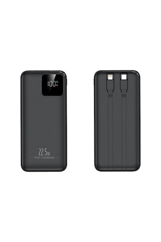 20000mah Powerbank 22.5w Hızlı Şarj Özellikli Type C Ve Lightning Kablolu Pd Taşınabilir Şarj Aleti Siyah