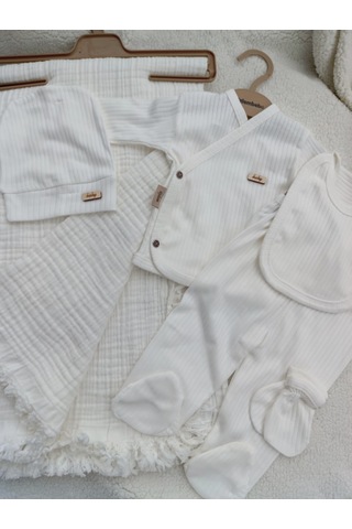 Kız Erkek Bebek 4 Kat Müslin Battaniyeli Ekru 6'lı Hastane Çıkışı Ekru