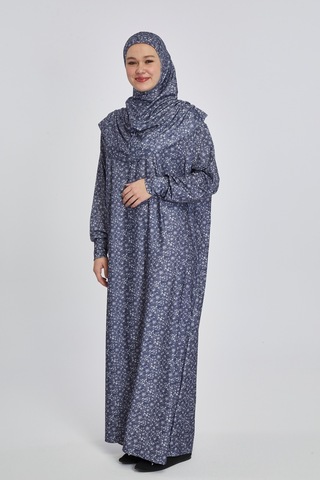 Pratik Tek Parça Çiçek Desenli Namaz Elbisesi Lacivert