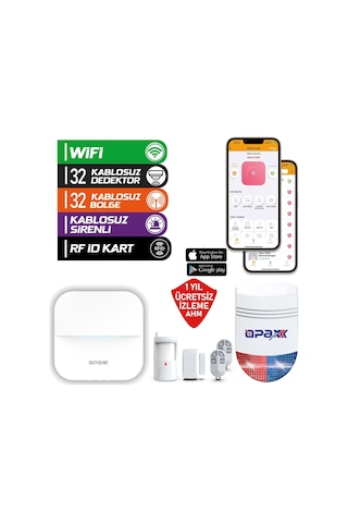 Opax-w20-w Beyaz Bgr-09 Kablosuz Sirenli Akülü Wifi Ev Ve İşyeri Alarm Seti
