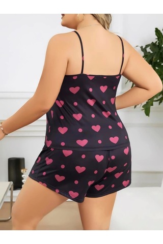 Senoramoda Büyük Beden Siyah Kalp Desen İnce Askılı Pamuklu Şortlu Pijama Takımı