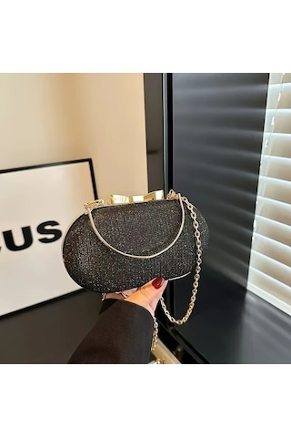 Willowhaven Siyah Parlak Klaket Çanta Kadın Gece Çantası Dayanıklı Altın Zincirli Siyah