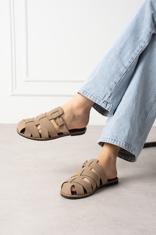 Shoetek Laverya Kadın Terlik Bantlı Tokalı Vizon Süet