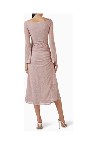 Eegen Studio Boat - Neck Midi Elbise - Rib - Knit, Uzun Kol & Toplanmış Bel Pembe