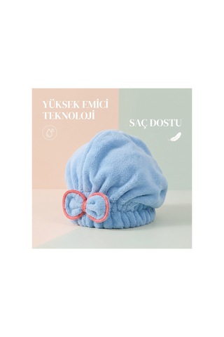 Prenses Peluş Mikrofiber Saç Kurulama Havlusu Çizgi Fiyonklu, Pratik Saç Bonesi - Duş, Makyaj Ve Bakım Saç Wrap Mavi