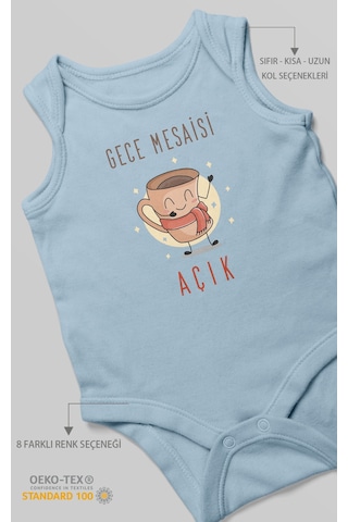 Gece Mesaisi Açık Baskılı Bebek Zıbını Çıtçıtlı Body %100 Pamuk Sıfır Kol Bebe Mavisi