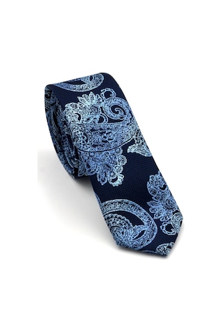 Mavi Şal Desenli Lacivert Dokuma Kumaş Mendilli Slim Fit Kravat // SDK-240113 Lacivert