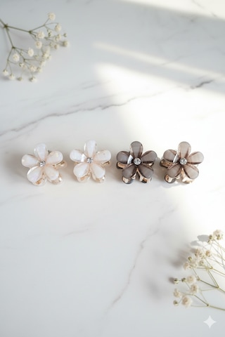 Çiçek Şeklinde Metal Toka, Metal Klipsli Renkli Çiçek Toka 4 Adet Pudra - Siyah