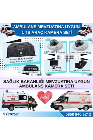 Ambulans Mevzuatına Uygun 2 Kameralı 8 Kanal Mobil Nvr 1 Tb 7 İnç Monitörlü Tak Kullan Set