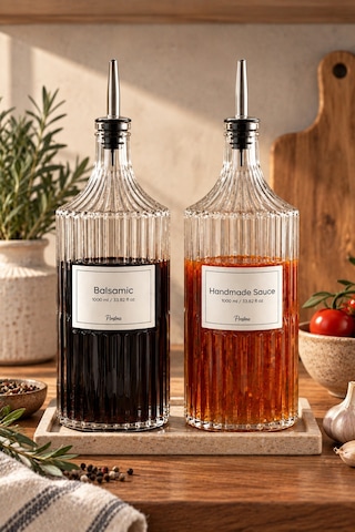 Porsima Viking 18113 2li 1000 Ml Cam Şişe Yağlık Sirkelik Çift Kapaklı Gümüş Gümüş
