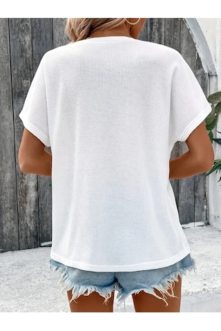 Kadın Kısa Kollu Yakası Açık Önden Düğmeli Waffle Bluz Beyaz