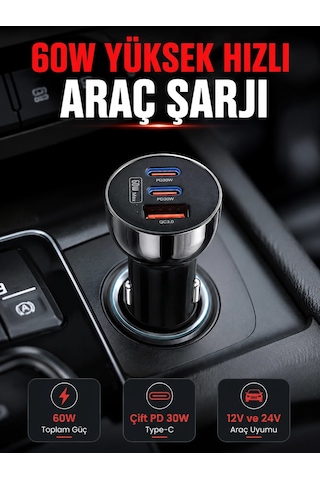 Pd 30w Çift Usb-c Araç Şarj Cihazı 60w Hızlı Şarj Adaptörü Belirtilmemiş