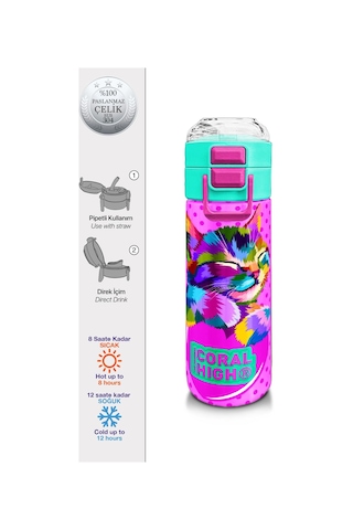 Coral High Kids Pembe Mavi Kedi Desenli Pipetli Ve Direkt İçim Çelik Termos 500 Ml 31842 Pembe - Açık Yeşil