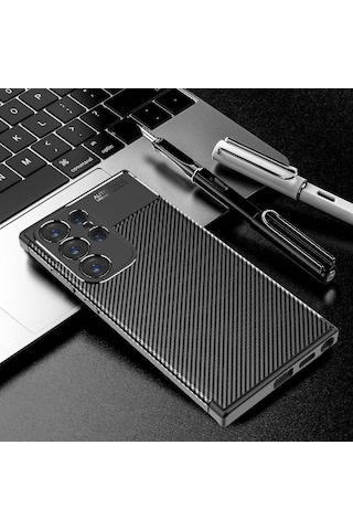Samsung Galaxy Uyumlu S24 Ultra Kılıf Kamera Korumalı Karbon Desenli