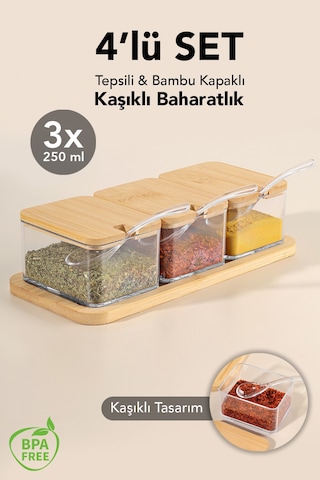 3'lü Kaşıklı Bambu Kapaklı Baharatlık - Tepsili Baharat Saklama Kabı Baharat Takımı 250 Ml Bej
