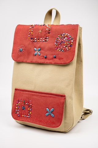 Fabric Craft Bag Sırt Çantası Kumaş Boho Nakışlı Koyu Bej - Bordo