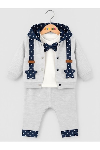 Erkek Bebek Papyonlu Hırkalı 3'lü Eşofman Takımı-16286 Gri