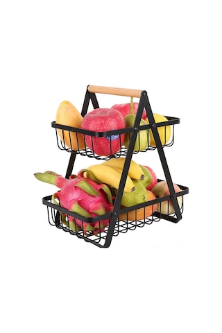 Geeroyoo Karbon Çelik Mutfak Ve Salon Depolama Sepeti, Ahşap Kollü İki Katlı, Meyve, Ekmek Ve Atıştırmalık Taşıma İçin Dayanıklı Tasarım Fruit Basket Çift Siyah