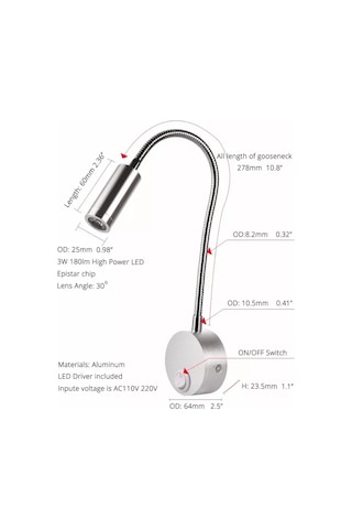 Kangvka Alüminyum Gölgelik 3w Led Duvar Lambası - Esnek Kapatma Fonksiyonu, 7.5x7.5x29 Cm Siyah