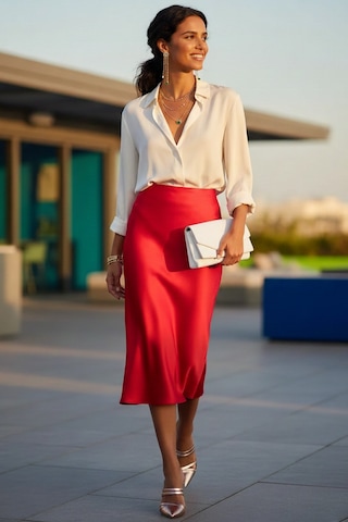 Fashion Cocktail Saten Dökümlü Belden Oturan Kalın Iç Lastikli Yırtmaçsız Diz Altı Midi Ofis Etek Pembe