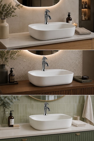 Lena E-2101 Tezgah Üstü Porselen Lavabo Dikdörtgen Beyaz Tezgah Üstü Lavabo