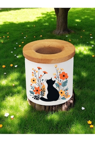 Kedi Ve Çiçek Baskılı 3'lü Ahşaplı Seramik Masaüstü Kalemlik Kalem Kutusu Ofis Hediyesi Beyaz