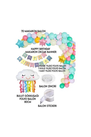 Beysüs 70 Makaron Balon 1 Bulut 3 Yıldız Folyo Balon Parti Gökkuşağı Doğum Günü Renkli Zincir Seti Standart