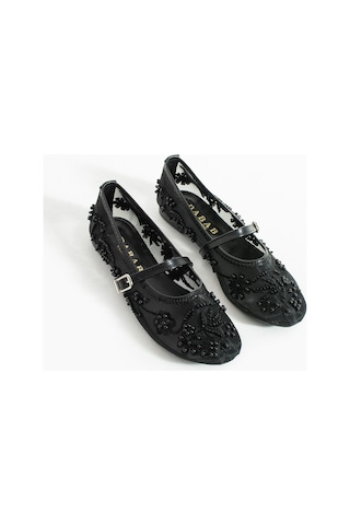 Dabab Shoes Flora Kadın Siyah İnci İşlemeli Tül Dokulu Bantlı Babet Düz Ayakkabı