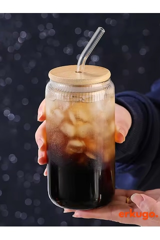 Bambu Kapaklı Pipetli Borosilikat Sunum Bardağı, Kahve Bardağı, Isı Dayanıklı Bardak 500 Ml Coollime2