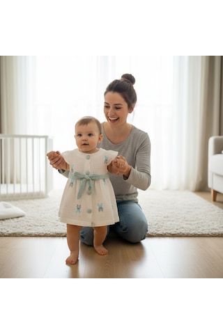 Ürünya Kız Bebek Çocuk Tavşan Desenli Düğmeli Kısa Kollu Elbise Yeşil