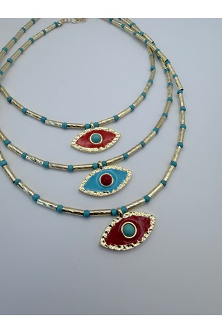 Rhea Jewelry Nazar Boncuklu Çelik Kolye Gold Renk Mineli Göz Figürlü Kadın Kolye 3 Renk Turuncu