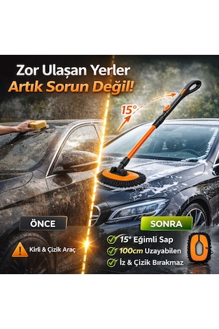 Polham 100cm Uzayabilen Teleskopik Saplı Kuru Islak Araç Temizleme Fırçası, İz Ve Çizik Bırkaz Fırça, Yedek Bezli
