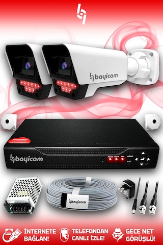 Bayicam 2 Kameralı Süper 2 Dış Kamera Set HDD'siz 5 MP 2K Net Gece Görüşlü Güvenlik Kamerası Sistemi
