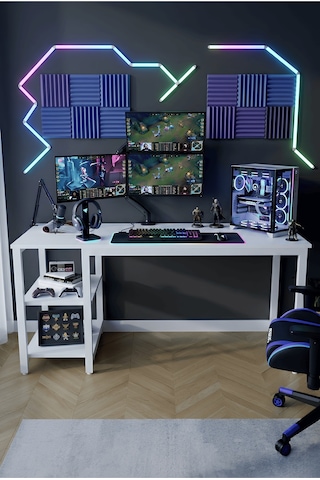Reflekta Raflı Oyuncu Masası 60x160 Cm. Gaming Masa Demonte Beyaz-beyaz