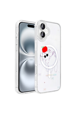 Techaks Apple Uyumlu iPhone 16 Plus Kılıf M-safe Şarj Özellikli Şeffaf Zore Folk Sert Kapak - Sevimli Köpek Beyaz