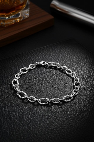 Premium Dokulu Oval Zincir Erkek Bileklik - Gümüş Renk, Klasik Tasarım 19 Cm