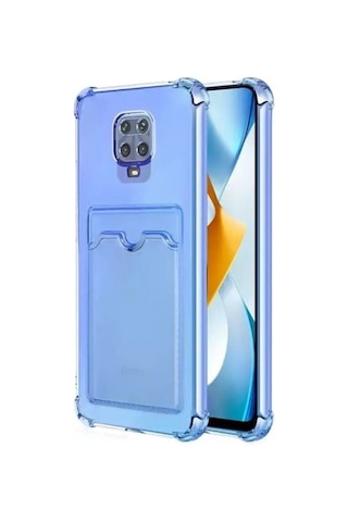 Xiaomi Redmi Note 9s Kılıf Kartlıklı Darbe Korumalı Silikon + Ekran Koruyucu Mavi