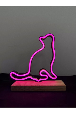 Kedi Figürlü Pembe Neon Gece Lambası Çok Renkli